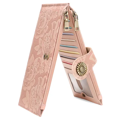 Women's Long Wallet Large Capacity Embossed Floral PU Leather Double Zipper Clutch Purse Card Holder with Sunflower Snap