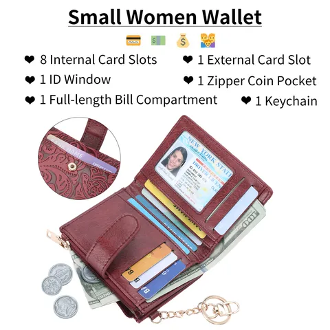 Women's Short Bifold Wallet RFID Blocking Vintage Embossed Floral Pattern PU Leather Purse With Keychain Card Slots
