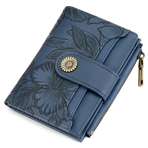 Women Short Wallet Vintage Embossed Floral Superfiber Leather RFID Blocking Bifold Purse With Metal Snap Coin Pocket