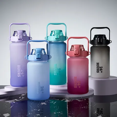 Large Capacity Sports Water Bottle Portable Plastic Straw Cup Gradient Frosted Fitness Outdoor Drinkware Cup