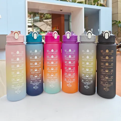 Gradient Plastic Water Bottle Three Piece Set Large Capacity Sports Kettle With Straw And Time Marker Motivational Drinkware