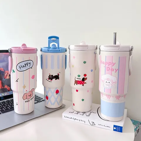 Große Kapazität Edelstahl Isolierte Becher Tragbare Cartoon Doppeltrinken Strohbecher Mit Griff Auto Wasserflasche