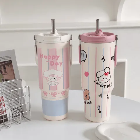Große Kapazität Edelstahl Isolierte Becher Tragbare Cartoon Doppeltrinken Strohbecher Mit Griff Auto Wasserflasche