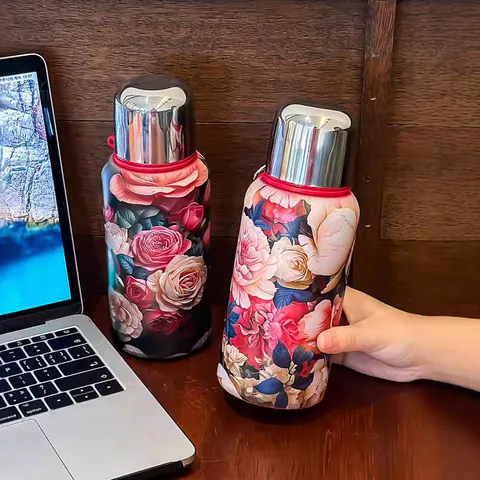 Bouteille Thermique Vide En Acier Inoxydable Rétro Bouteille D'Eau Isolée Portable Avec Infuseur À Thé Motif Floral Bureau Voyage