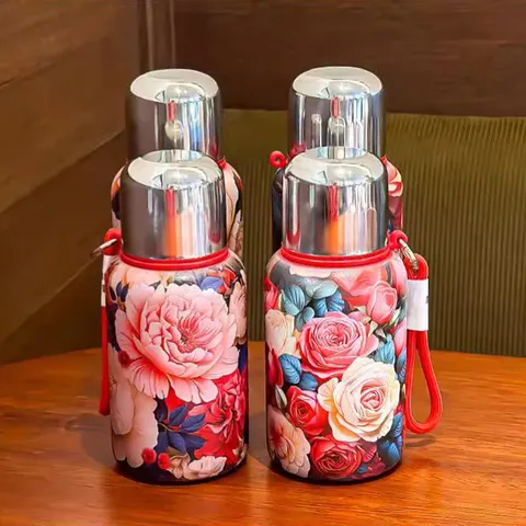 Bouteille Thermique Vide En Acier Inoxydable Rétro Bouteille D'Eau Isolée Portable Avec Infuseur À Thé Motif Floral Bureau Voyage