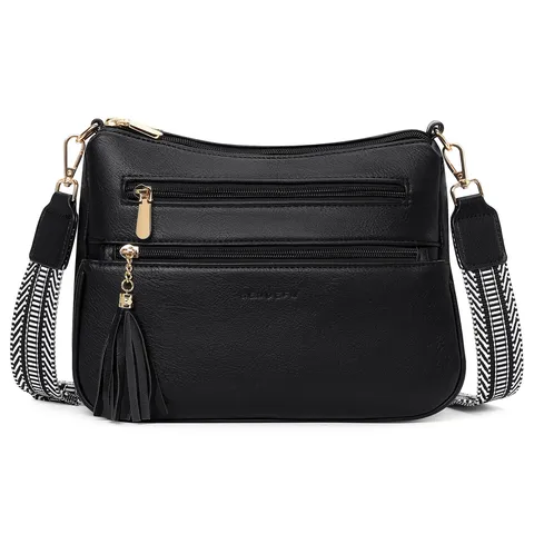 Women Fashion PU Leather Crossbody Bag Casual Multi Pocket Shoulder Bag Soft Leather Handbag With Tassel