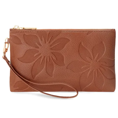 Women's Long PU Leather Wallet Minimalist Kapok Embossed Zipper Clutch Bag Wristlet Phone Purse Card Holder