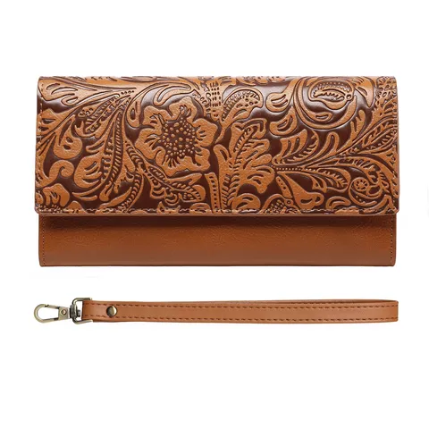 Women's Retro Embossed Long Three-Fold Wallet Large Capacity PU Leather Clutch Purse With Wrist Strap RFID Blocking