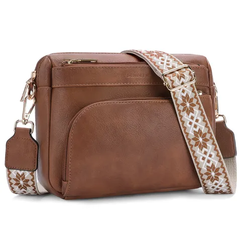 Women PU Leather Crossbody Bag Multi Pocket Small Square Shoulder Bag With Wide Strap Casual Daily Handbag