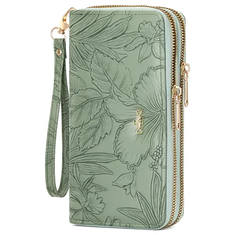 Women's Long PU Leather Wallet Double Zipper Floral Embossed RFID Blocking Wristlet Purse Clutch