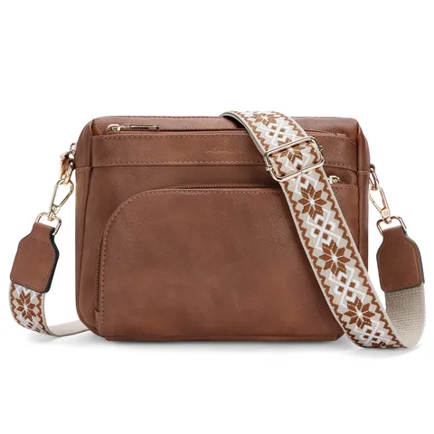 Women PU Leather Crossbody Bag Multi Pocket Small Square Shoulder Bag With Wide Strap Casual Daily Handbag