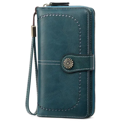Women Retro Oil Wax Leather Long Wallet Large Capacity Multi-Card Slot Zipper Coin Purse Business Casual Handbag