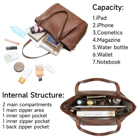 Women Large Capacity PU Leather Tote Bag Vintage Solid Color Casual Commute Shoulder Bag Fashion Handbag