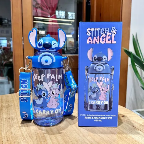 Mignonne Bouteille d'Eau pour Enfants Personnage de Dessin Animé Tritan Tasse à Paille Portable avec Sangle Grande Capacité