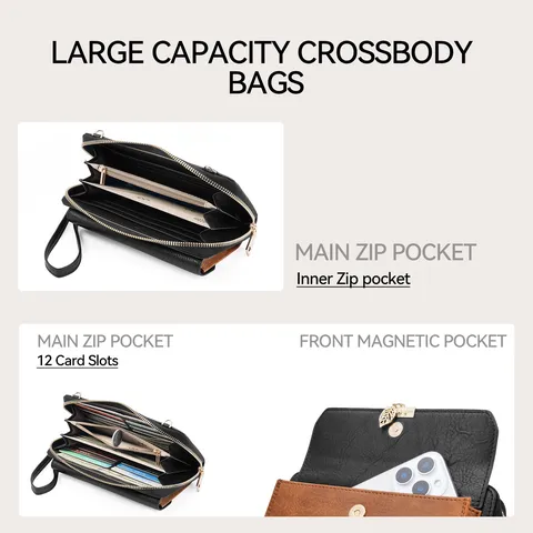 Women PU Leather Crossbody Phone Bag Fashion Colorblock Casual Shoulder Bag Multi Card Slot Wallet Purse Handbag