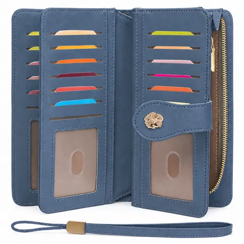Women's Long Trifold Wallet RFID Blocking Clover Embossed PU Leather Large Capacity Clutch Purse With Wristlet