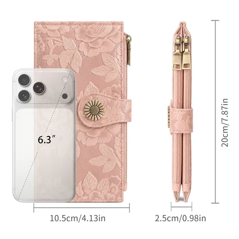 Women's Long Wallet Large Capacity Embossed Floral PU Leather Double Zipper Clutch Purse Card Holder with Sunflower Snap