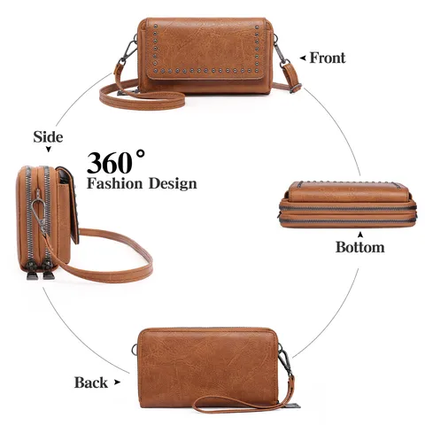 Retro Oil Wax PU Leather Women Crossbody Phone Bag Vintage Rivet Multi-layer Zipper Shoulder Bag Daily Casual Handbag