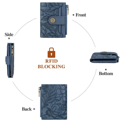 Women Short Wallet Vintage Embossed Floral Superfiber Leather RFID Blocking Bifold Purse With Metal Snap Coin Pocket