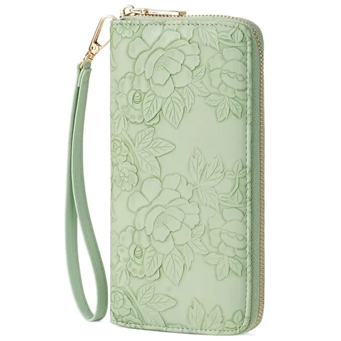 Women Long Wallet Synthetic Leather Embossed Floral Zipper Clutch Purse Card Holder Wrist Strap Fashion Handbag