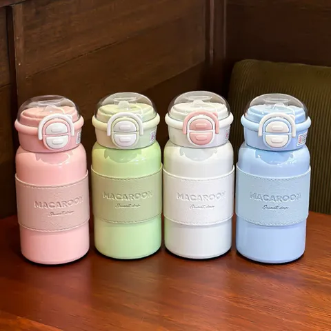 Portable Stainless Steel Vacuum Insulated Water Bottle 500ml Minimalist Thermos Cup with Straw and Leather Sleeve