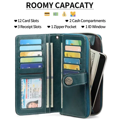 Women Retro Oil Wax Leather Long Wallet Large Capacity Multi-Card Slot Zipper Coin Purse Business Casual Handbag