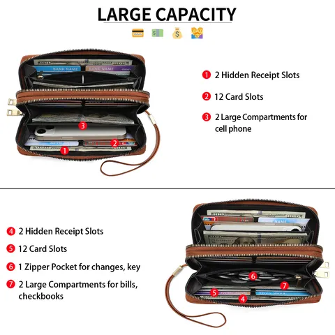 Women's Long PU Leather Wallet RFID Blocking Double Zipper Clutch Purse Retro Style Multipurpose Card Holder Handbag