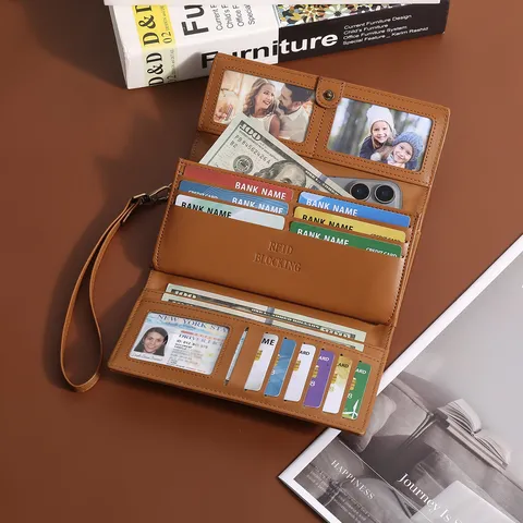 Women's Retro Embossed Long Three-Fold Wallet Large Capacity PU Leather Clutch Purse With Wrist Strap RFID Blocking