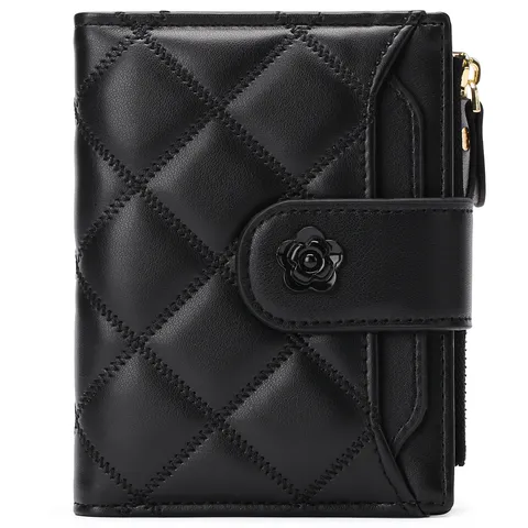 Women Short Wallet PU Leather Quilted Fold Wallets With Camellia Flower Buckle Zipper Coin Pocket RFID Blocking Card Holder