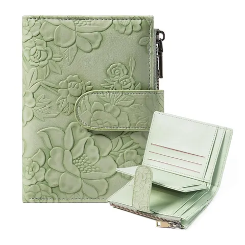Women's PU Leather Trifold Wallet RFID Blocking Compact Card Holder Embossed Floral Purse With Gift Box