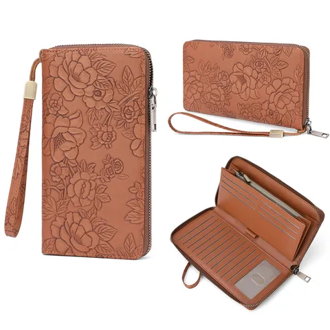 Women Long Wallet PU Leather Embossed Floral RFID Blocking Zip Around Purse With Wrist Strap Card Holder Clutch Bag