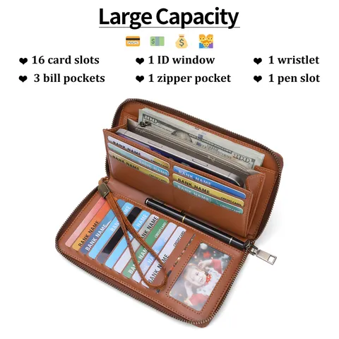 Women Long Wallet PU Leather Embossed Floral RFID Blocking Zip Around Purse With Wrist Strap Card Holder Clutch Bag
