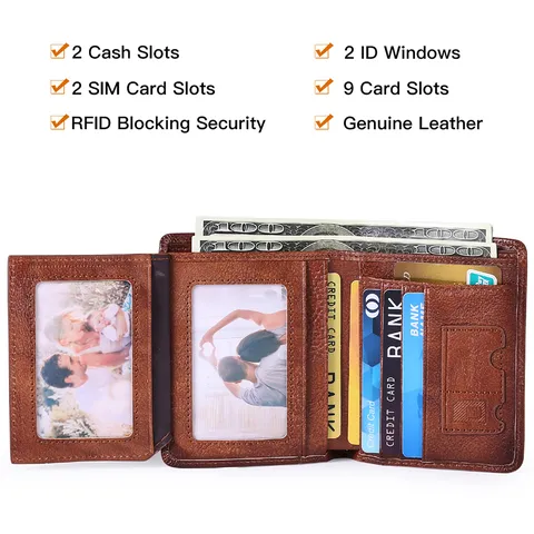 Men's Genuine Leather Short Wallet Vintage Waxed Cowhide RFID Blocking Multi-Card Holder Bifold Wallet Purse For Male