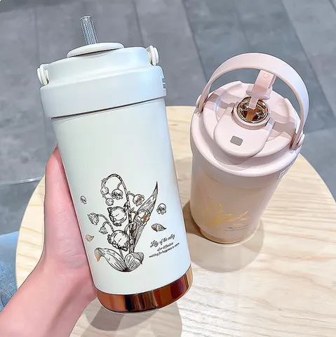 Portable Stainless Steel Vacuum Insulated Tumbler With Straw And Lid Cute Lily Of The Valley Pattern Office Travel Water Bottle