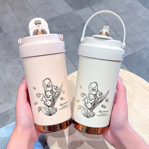 Portable Stainless Steel Vacuum Insulated Tumbler With Straw And Lid Cute Lily Of The Valley Pattern Office Travel Water Bottle