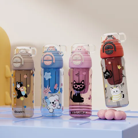Bouteille d'Eau Paille Portable Enfants Mignon Dessin Animé Tasse en Plastique Voyage Extérieur Gobelet Double Boisson Étudiants