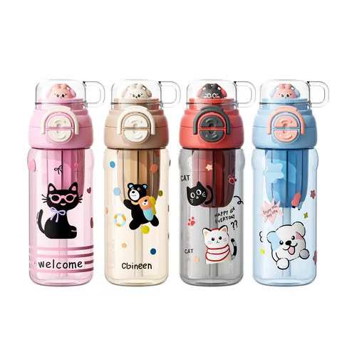 Bouteille d'Eau Paille Portable Enfants Mignon Dessin Animé Tasse en Plastique Voyage Extérieur Gobelet Double Boisson Étudiants