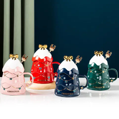 Kreativer Weihnachtsbaum Keramik Becher Mit Deckel Und Löffel Süßer Tiger Cartoon Kaffeetasse Für Büro Zuhause Geschenk