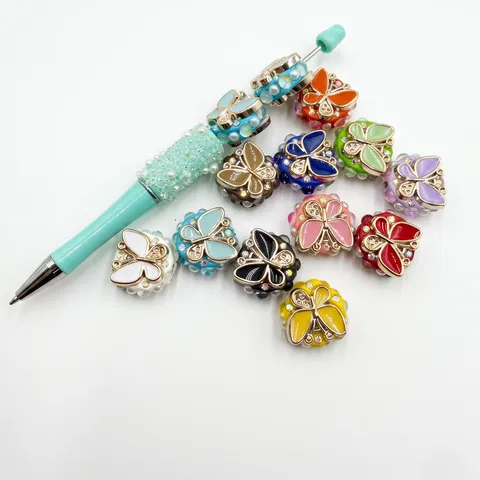 Cuentas de Resina de Mariposa DIY con Diamantes de Imitación Incrustados Cuentas de Agujero Recto para Hacer Joyas y Accesorios de Decoración de Bolígrafos
