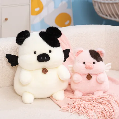 Cute Angel Pig Plush Toy Soft Stuffed Animal Doll With Wings Neck Pendant Pink Brown Black White Healing Piggy Pig Plushie Gift For Kids Women