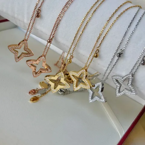 Edelstahl Hohl Vierblättriges Kleeblatt Stern Anhänger Halskette Für Damen Elegante Zirkon Mode Schmuck