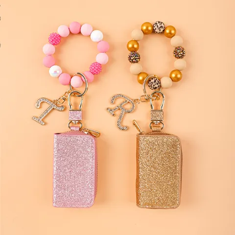 Mini Monedero de Llavero de Cuero PU de Lentejuelas Con Pulsera de Cuentas de Silicona Colgante de Letra de Strass Bolsa de Monedas