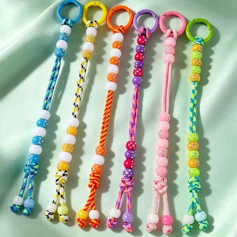 Handmade Woven Silicone Beaded Keychain Multicolor Golf Score Rope Bag Pendant Charm Rhinestone Bead Key Ring Accessory