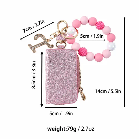 Mini Monedero de Llavero de Cuero PU de Lentejuelas Con Pulsera de Cuentas de Silicona Colgante de Letra de Strass Bolsa de Monedas
