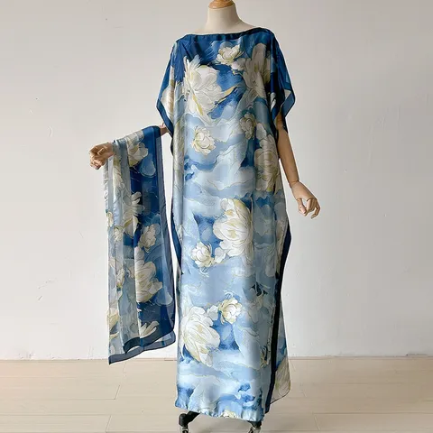 Women Satin Long Robe And Scarf Set Floral Print Imitation Silk Kimono Cardigan Headscarf Bohemian Vacation Beach Cover Up