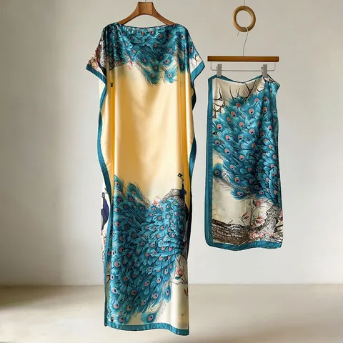 Women Chinese Peacock Print Robe And Headscarf Set Satin Loose Long Vacation Outerwear Polyester Printed Beach Kimono Robe