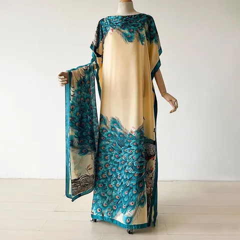 Women Chinese Peacock Print Robe And Headscarf Set Satin Loose Long Vacation Outerwear Polyester Printed Beach Kimono Robe