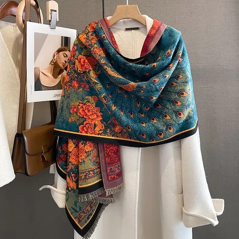 Sciarpa Jacquard a Fiori di Pavone in Stile Nazionale Vintage per Donna Autunno Inverno Scialle Caldo in Finta Cashmere Con Nappine Sciarpa Verde Bluastro