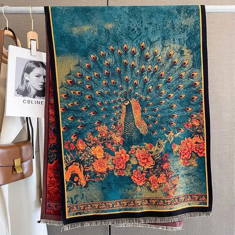 Sciarpa Jacquard a Fiori di Pavone in Stile Nazionale Vintage per Donna Autunno Inverno Scialle Caldo in Finta Cashmere Con Nappine Sciarpa Verde Bluastro