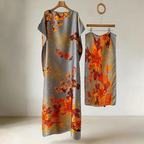 Ensemble Robe Sans Manches Et Foulard Pour Femmes Été Polyester Imprimé Floral Respirant Vacances Longue Robe Voyage Casual